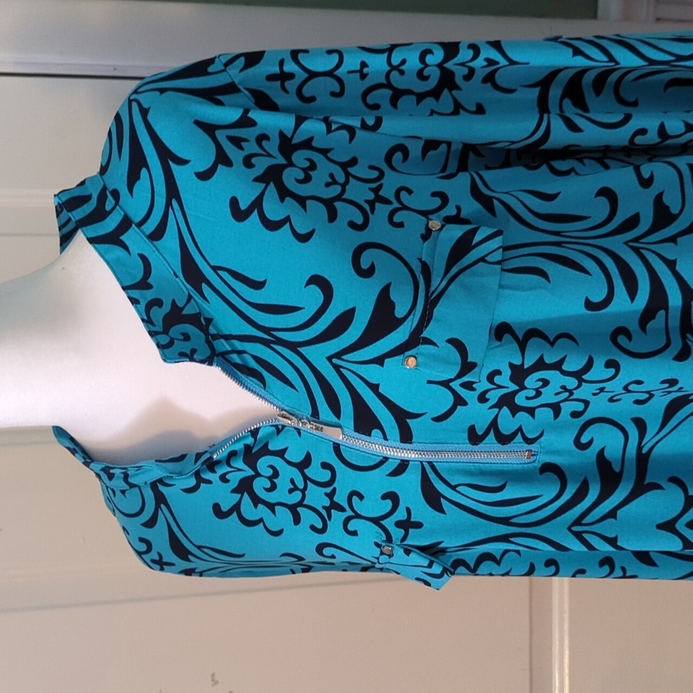 Bepei 2X Long Sleeve Blouse Turquoise Black Paisley Zipper - Picture 2 of 13